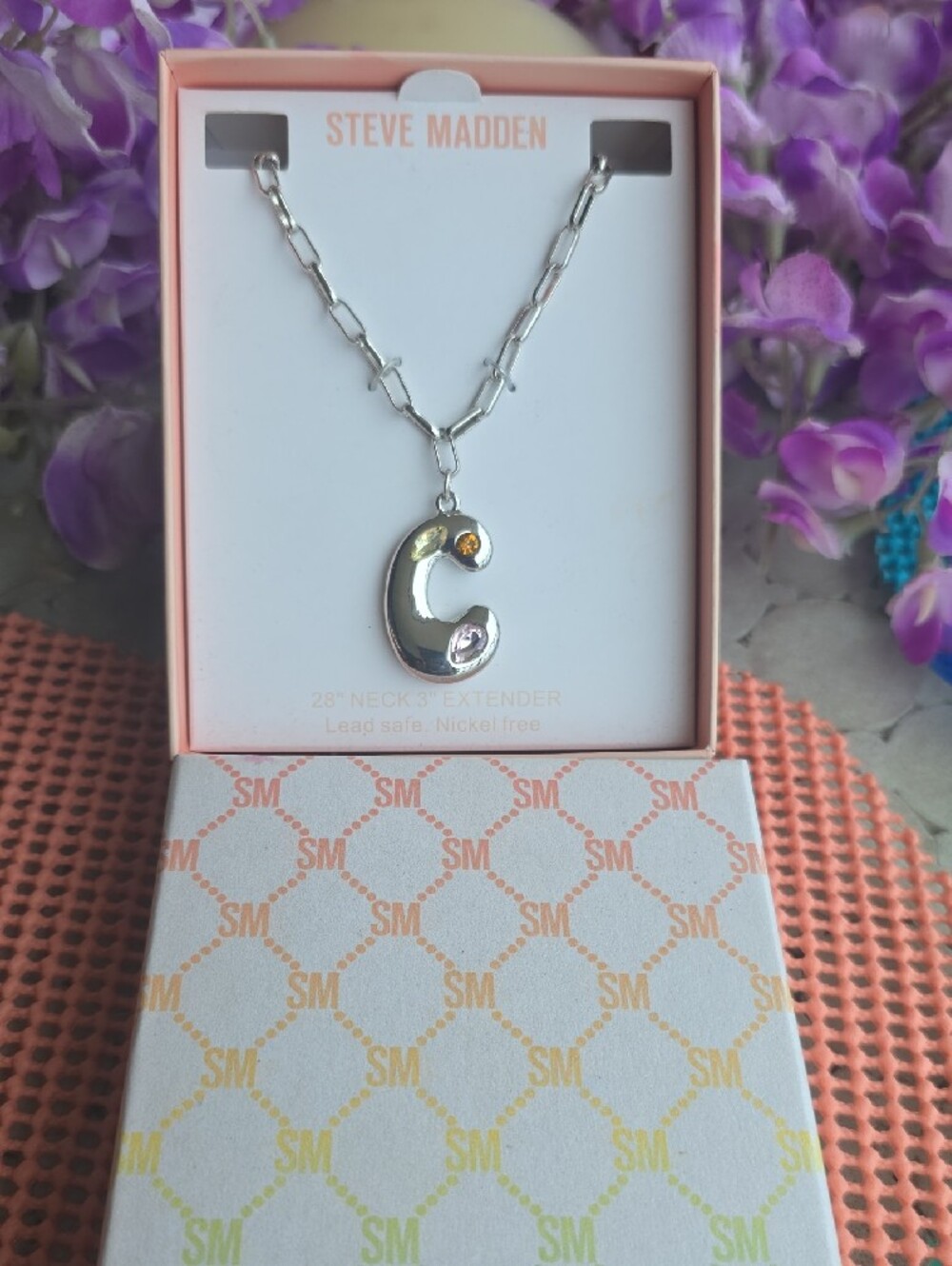 FunSteve Madden Silver 'C' Pendant Necklace w/ Amber Stone Accents